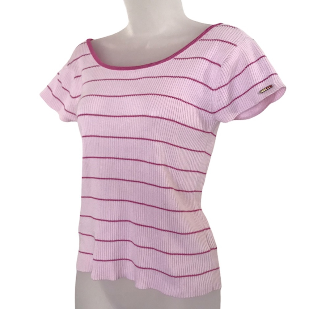 Y2K Tommy Hilfiger Rib Knit Pink Striped Tee Vintage 90s Size Medium